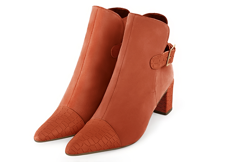 Terracotta orange women's ankle boots with buckles at the back. Tapered toe. Medium block heels. Front view - Florence KOOIJMAN